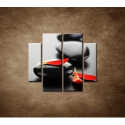 Obrazy na stenu - Čierny kameň s červeným lupeňom - 4dielny 100x90cm