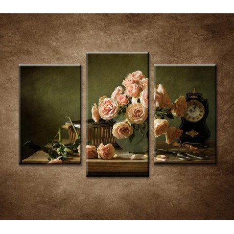 Obrazy na stenu - Ruže a hodiny - 3-dielny 75x50cm