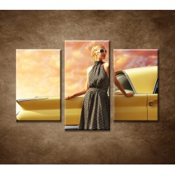 Obrazy na stenu - Žena pri retro aute - 3-dielny 75x50cm