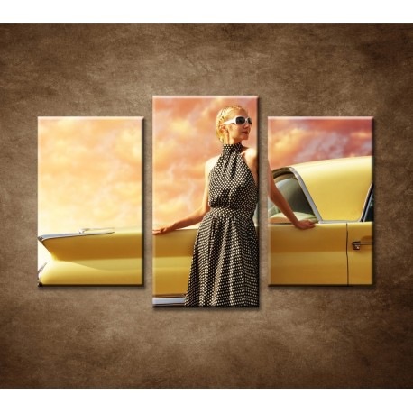 Obrazy na stenu - Žena pri retro aute - 3-dielny 75x50cm