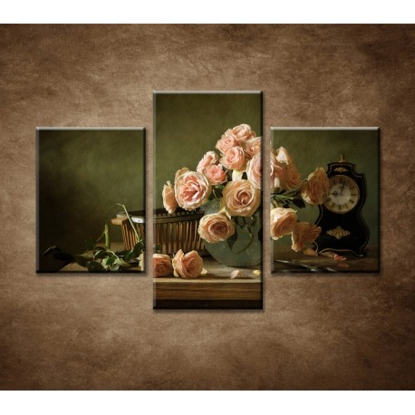 Obrazy na stenu - Ruže a hodiny - 3dielny 90x60cm