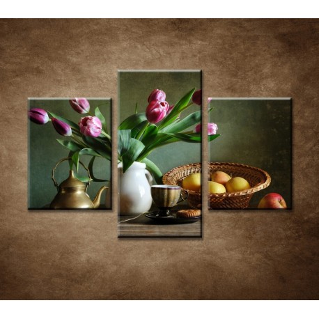 Obrazy na stenu - Zátišie s tulipánmi a jablkami - 3dielny 90x60cm